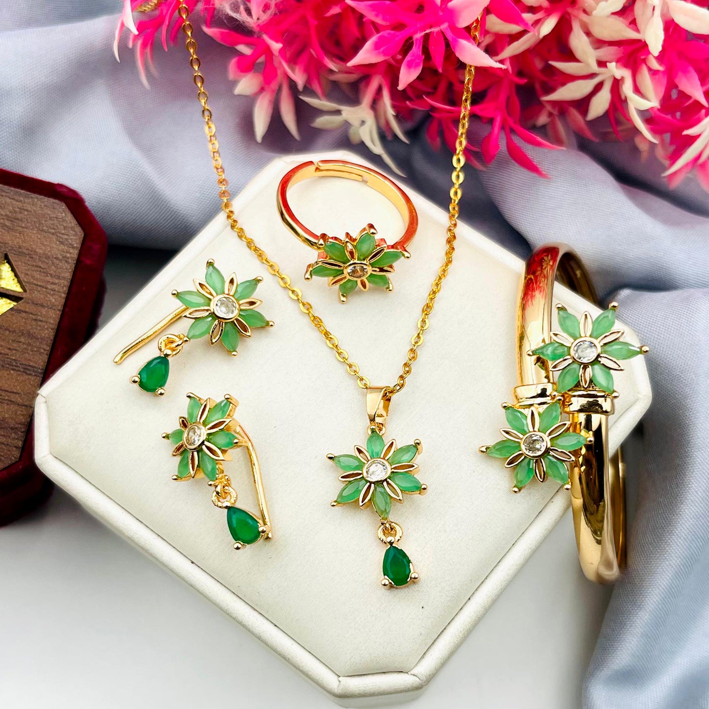 Fancy Beautiful Gold Plated Flower Design Zircon Combo Set For Her