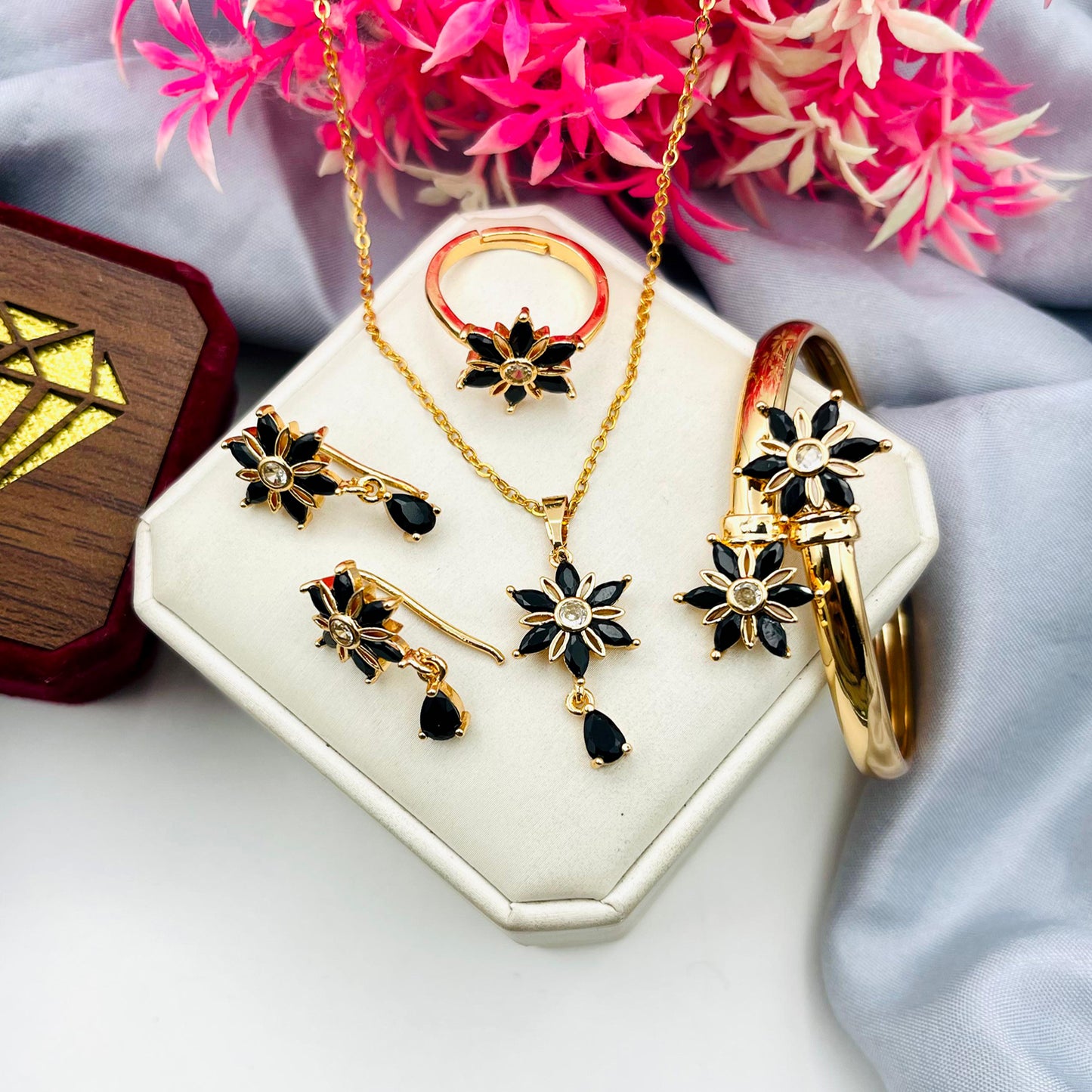 Fancy Beautiful Gold Plated Flower Design Zircon Combo Set For Her