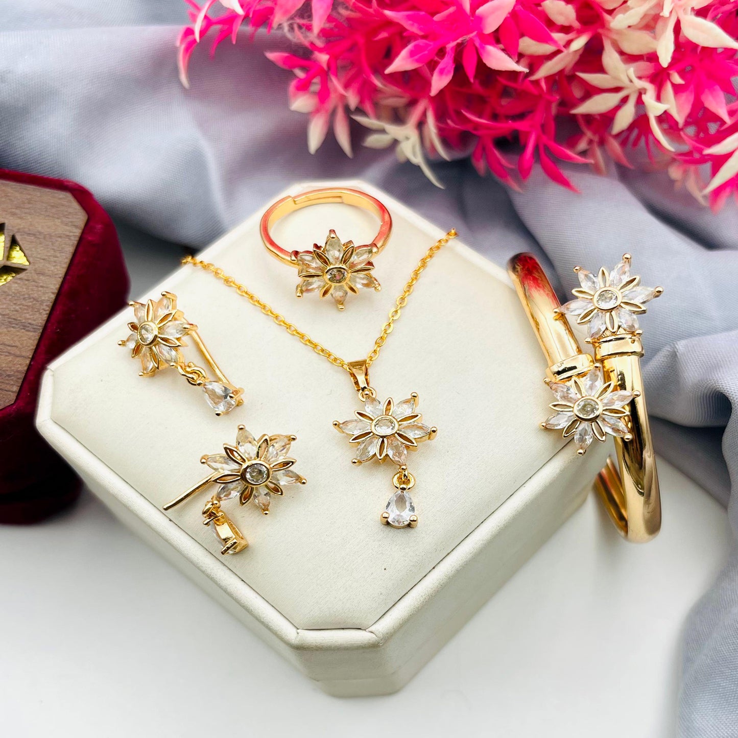 Fancy Beautiful Gold Plated Flower Design Zircon Combo Set For Her