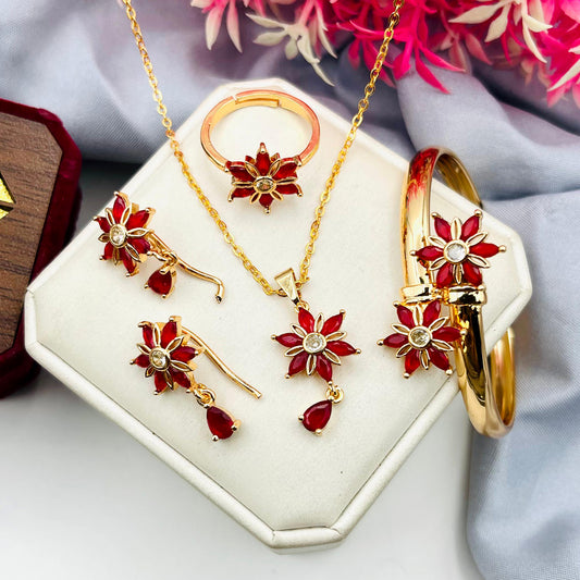 Fancy Beautiful Gold Plated Flower Design Zircon Combo Set For Her