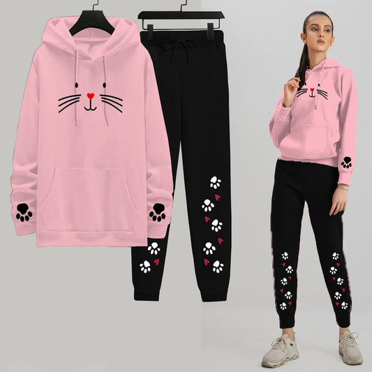 Women's Meow Printed Hoodie Tracksuit