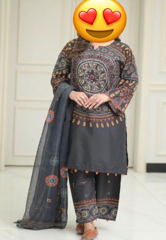 Digital Printed Bell Sleeves Mirror Embroidered Shirt With Trouser