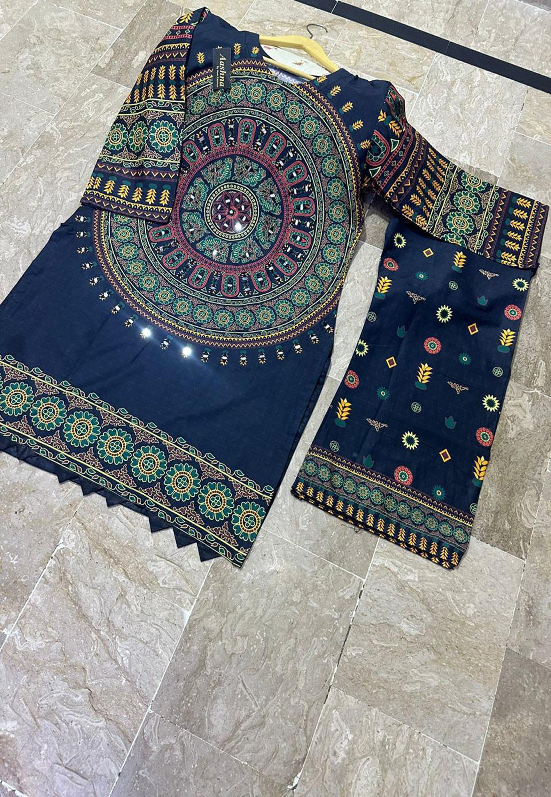 Digital Printed Bell Sleeves Mirror Embroidered Shirt With Trouser