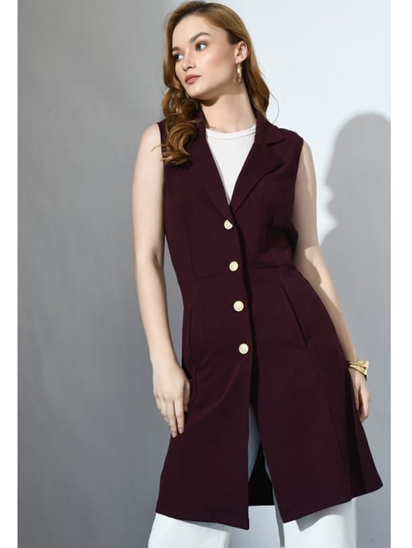 Ladies Maroon Sleeveless Trench coat