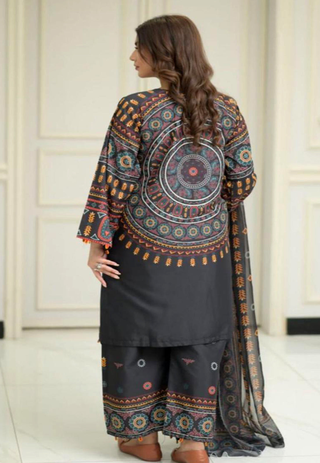 Digital Printed Bell Sleeves Mirror Embroidered Shirt With Trouser