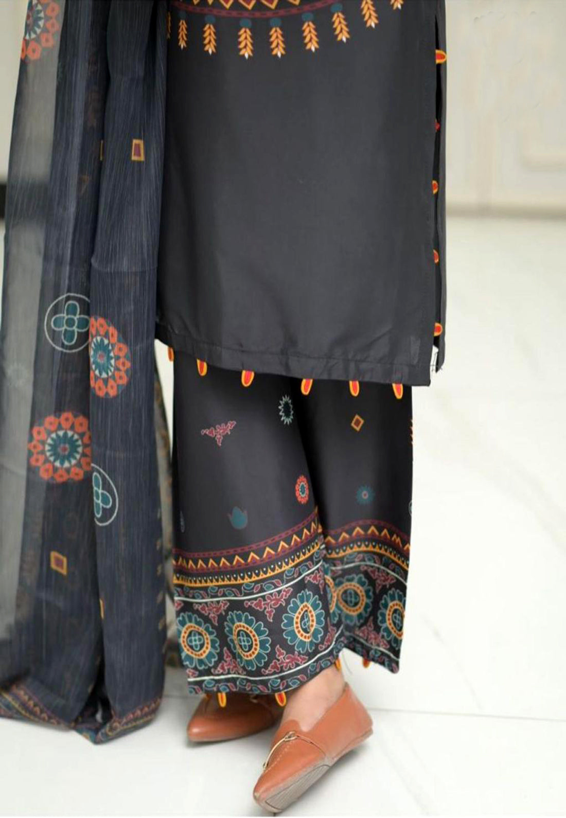 Digital Printed Bell Sleeves Mirror Embroidered Shirt With Trouser