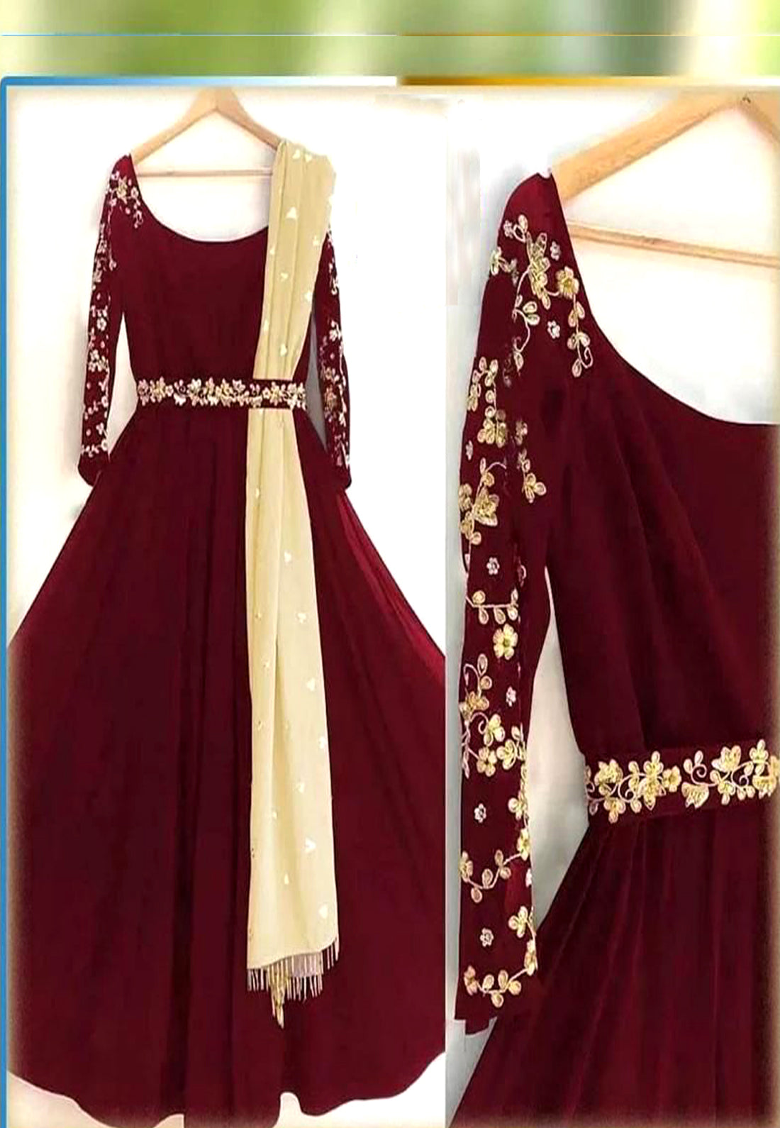 4Pcs Belt Embroidered Maxi With Pearls Attached Dupatta